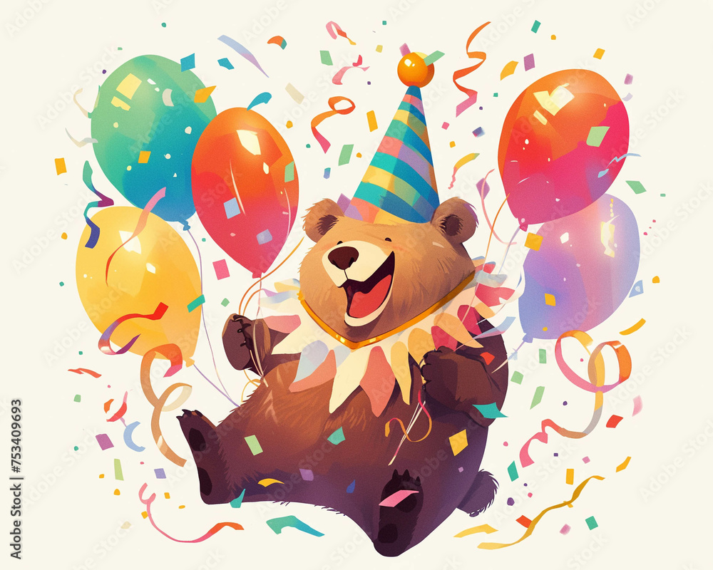 A bear wearing a jester hat surrounded by balloons and confetti A bear wearing a jester hat surrounded by balloons and confetti
