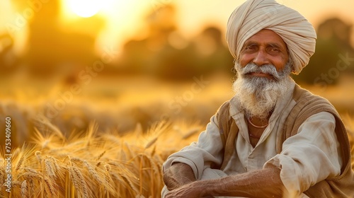 At sunrise, an elderly farmer stands in the center of his wheat field against blurry golden backdrop, Generative AI.