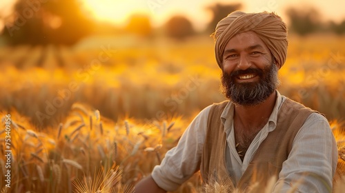At sunrise, an elderly farmer stands in the center of his wheat field against blurry golden backdrop, Generative AI.