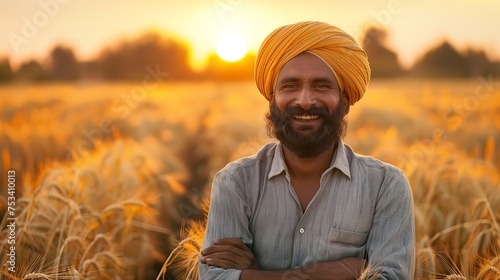 At sunrise  an elderly farmer stands in the center of his wheat field against blurry golden backdrop  Generative AI.
