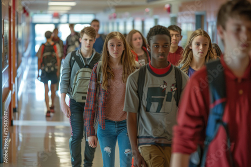 Group of high school students walk through hallway at school
