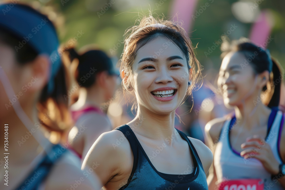 Happy female asian runners talking while participating in marathon