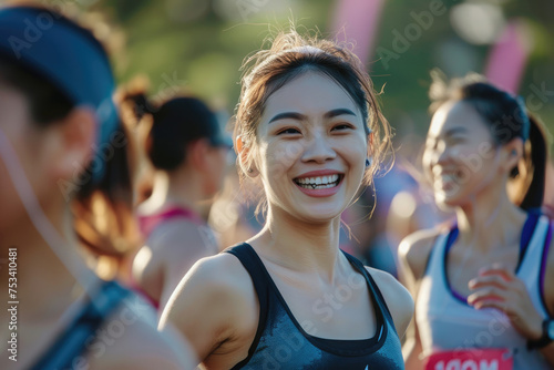 Happy female asian runners talking while participating in marathon © Kien