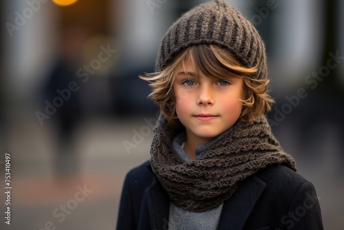 Portrait of a boy in a hat and scarf on a city street