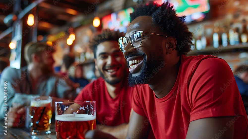 two friends wearing red shirts and glasses of beer in a bar looking happy at football games two friends wearing red shirts and glasses of beer in a bar looking happy at football games