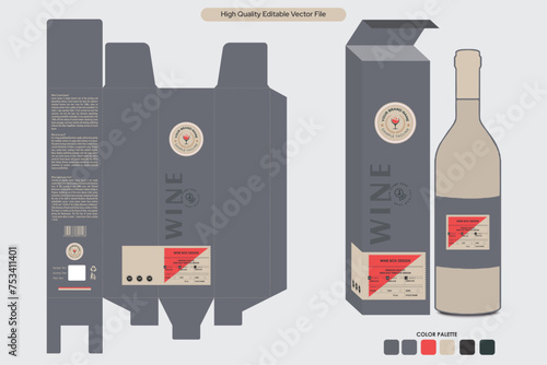 Wine bottle box design, premium red wine bottle gift box packaging design with 3d mockup illustration editable vector template download