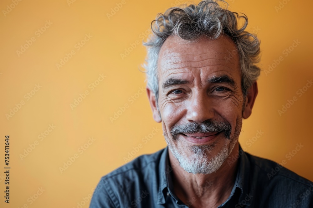 Portrait of a smiling senior man on a yellow background with copy space