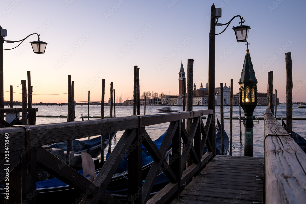 View of the Church of San Giorgio Maggiore, a 16th-century Benedictine church on the island of the same name, from the Riva degli Schiavoni waterfront in Venice, Italy