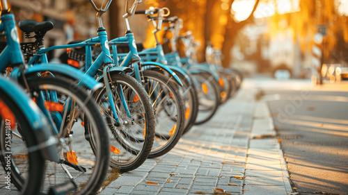 bicycle sharing station in a city center eco friendly transport high demand image magazine style photo