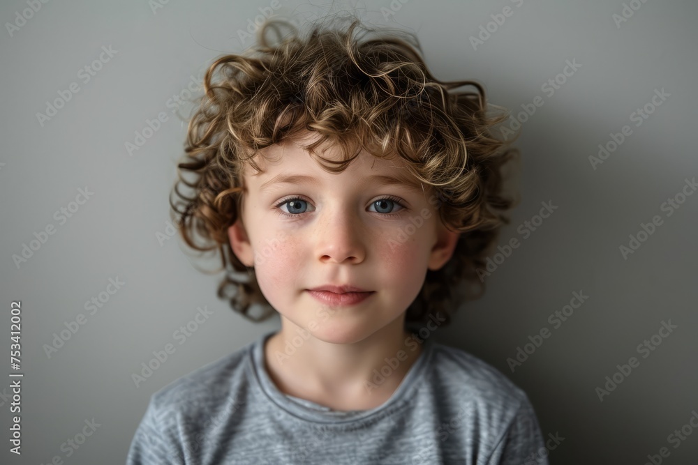 Portrait of a cute little boy with curly hair looking at camera Portrait of a cute little boy with curly hair looking at camera
