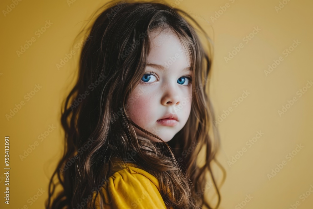 Little girl with long curly hair and blue eyes on yellow background. Little girl with long curly hair and blue eyes on yellow background.