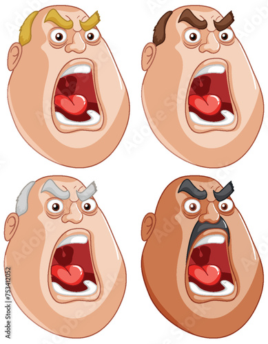 Four cartoon faces with various angry expressions.