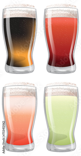 Four glasses of beer with different colors and foam
