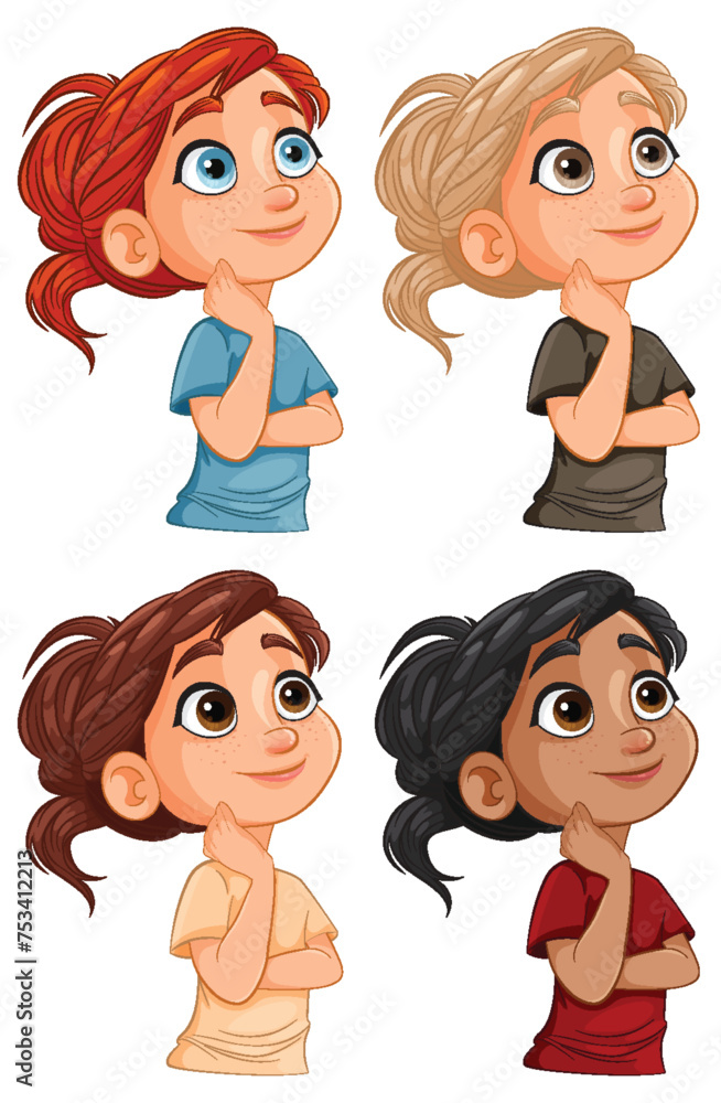 Four cartoon girls pondering with curious expressions. Four cartoon girls pondering with curious expressions.