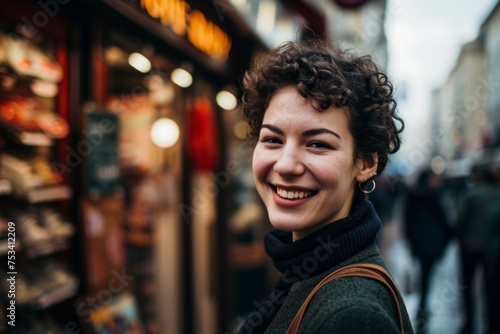 Portrait of a young woman in Paris, France. She is smiling.