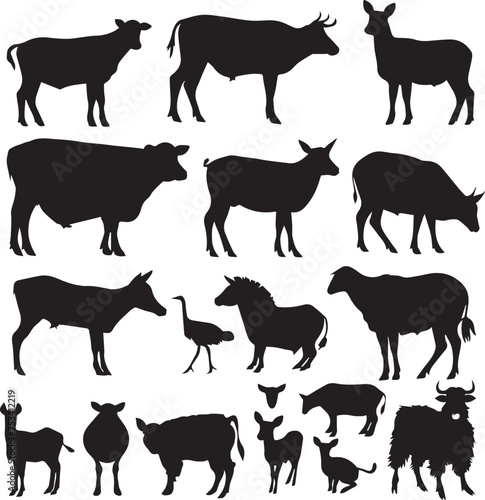 Collection of silhouettes of farm animals on white background