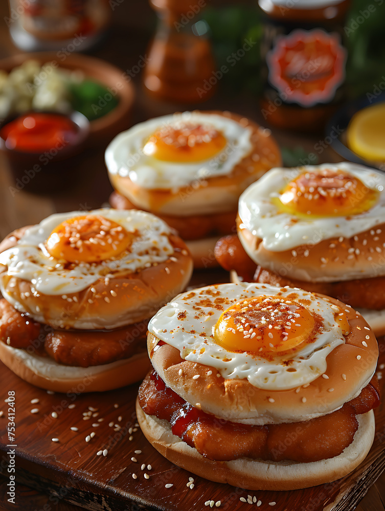 Fast food dish with burgers topped with eggs, a delicious and filling recipe