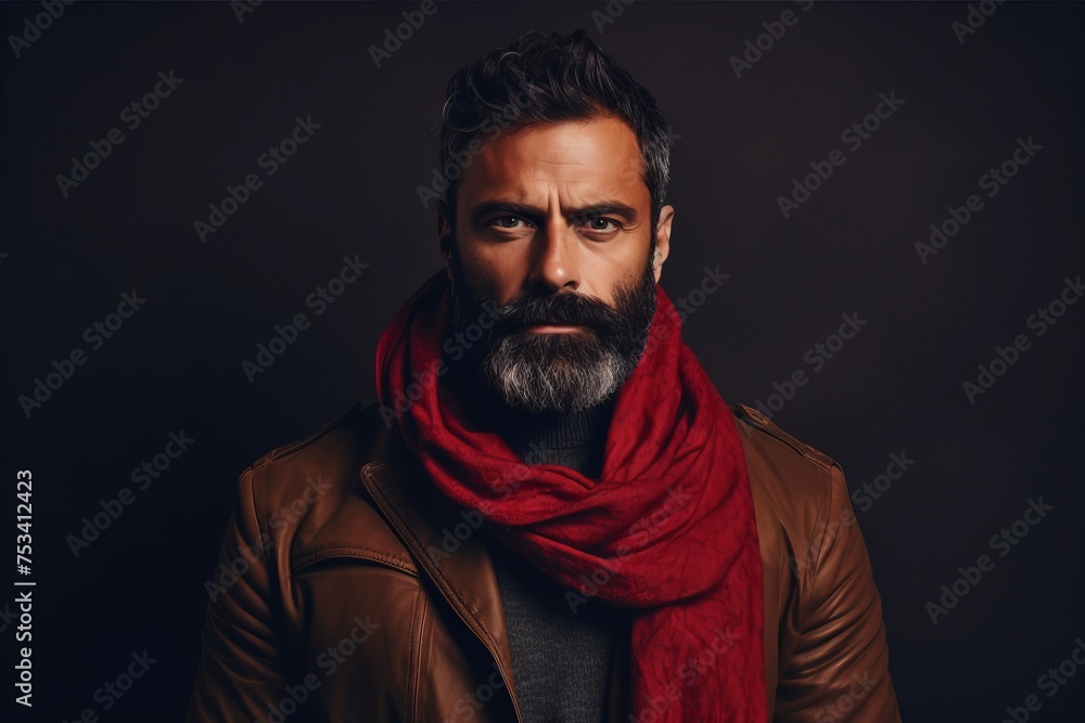 Portrait of a handsome bearded man in a brown jacket and red scarf. Men's beauty, fashion. Portrait of a handsome bearded man in a brown jacket and red scarf. Men's beauty, fashion.