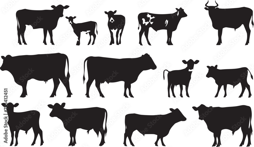 Collection of silhouettes of farm animals on white background