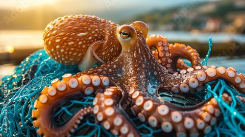 Close-up of a recently caught large octopus in a fishing net on a wooden boat and prepared for sale at the fish market against a blurry backdrop, Generative AI.