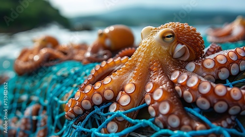 Close-up of a recently caught large octopus in a fishing net on a wooden boat and prepared for sale at the fish market against a blurry backdrop, Generative AI.