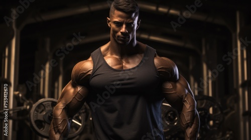 A handsome strong Male bodybuilder with pumped-up muscles, shoulders, biceps, triceps trains on a black gym background. Fitness, Sports, Healthy lifestyle concepts.