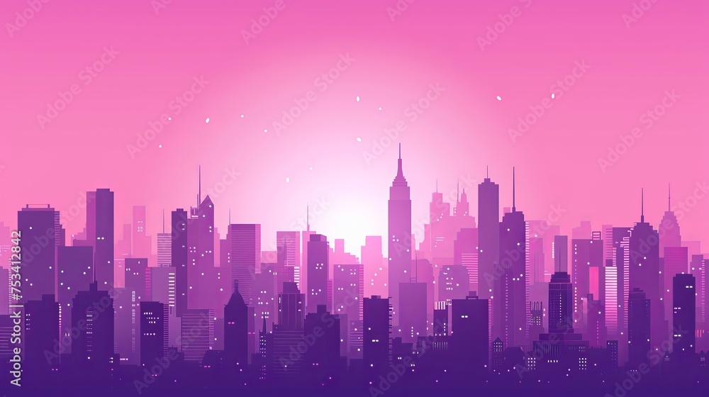 Pink twilight embracing a minimalist city: Iconic silhouettes cast in a surreal flat design skyline illustratio