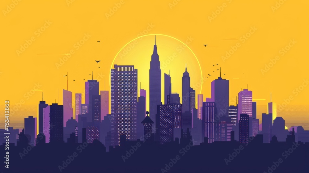 Whimsical yellow cityscape in flat design: A tranquil skyline silhouette glowing with surreal warmth