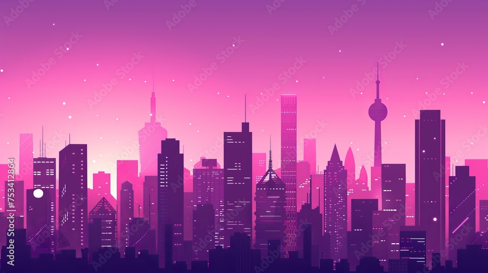 Pink hues of a minimalist skyline: Surreal cityscape with iconic architectural silhouettes in flat design