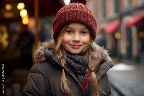 Portrait of a beautiful little girl in a hat and coat on the background of the Christmas market. © Stocknterias