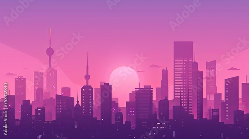 Pink hues of a minimalist skyline  Surreal cityscape with iconic architectural silhouettes in flat design