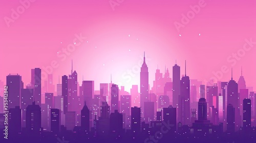 Pink twilight embracing a minimalist city  Iconic silhouettes cast in a surreal flat design skyline illustratio