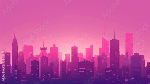 Pink hues of a minimalist skyline  Surreal cityscape with iconic architectural silhouettes in flat design
