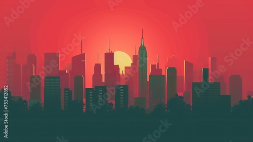 A vibrant red skyline at dusk: Iconic buildings captured in a minimalist flat design with a whimsical touch