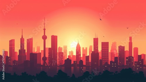A vibrant red skyline at dusk  Iconic buildings captured in a minimalist flat design with a whimsical touch
