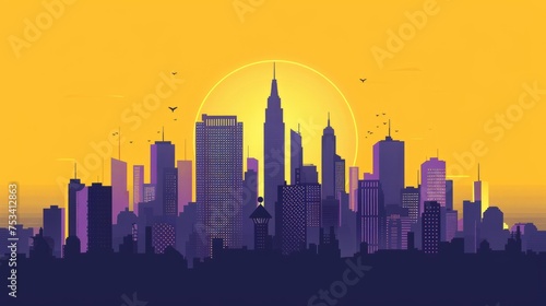 Whimsical yellow cityscape in flat design  A tranquil skyline silhouette glowing with surreal warmth