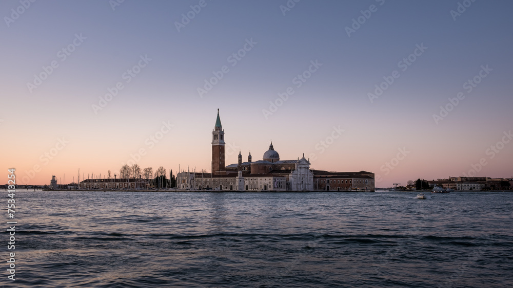 View of the Church of San Giorgio Maggiore, a 16th-century Benedictine church on the island of the same name, from the Riva degli Schiavoni waterfront in Venice, Italy