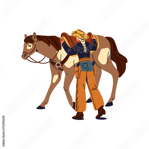 Wild west horseman with guns mounts horse. American western equestrian gets on saddles. Cowboy rider in hat going to ride horseback back view. Flat isolated vector illustration on white background