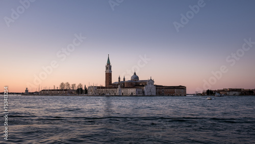 View of the Church of San Giorgio Maggiore, a 16th-century Benedictine church on the island of the same name, from the Riva degli Schiavoni waterfront in Venice, Italy