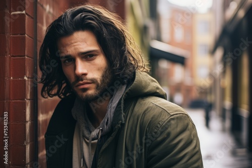 Portrait of a handsome young man with long hair in the city