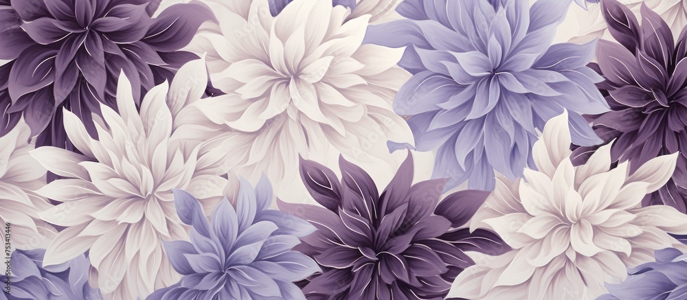 Sketch of floral pattern in gray white and purple tones continuous backdrop
