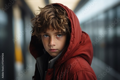 Portrait of a boy in a red jacket with a hood.