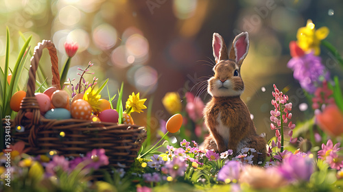 Happy Easter background with easter bunny, easter eggs, easter basket and flowers scene. AI Generated © Benjamin