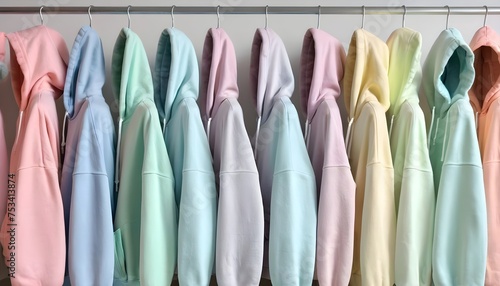 Several different colored hoodies are lined up on a table of pastel clothing