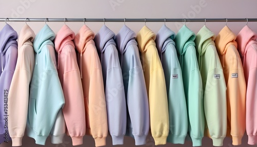 Several different colored hoodies are lined up on a table of pastel clothing photo
