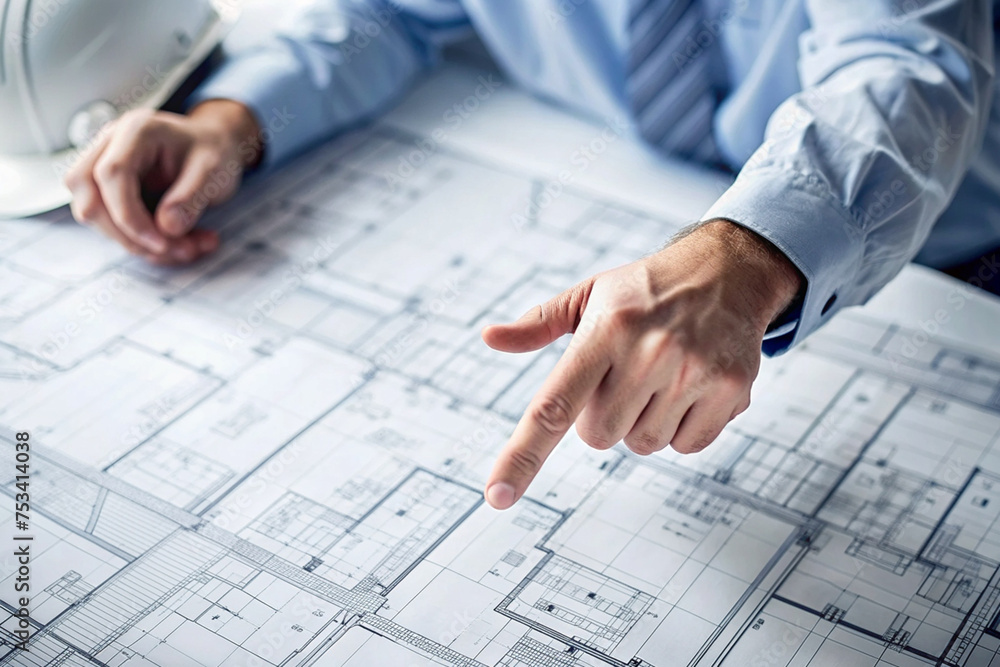 Close-up of Engineer's Hand Pointing at Building Plan Close-up of Engineer's Hand Pointing at Building Plan