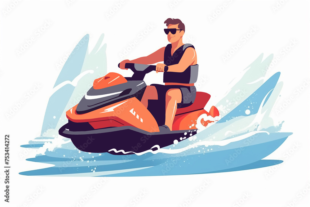 Man ride jetski in sea vector poster. Aquabike on ocean wave illustration. Summer cartoon landscape with character in sunglasses on water scooter. Extreme water sport banner.