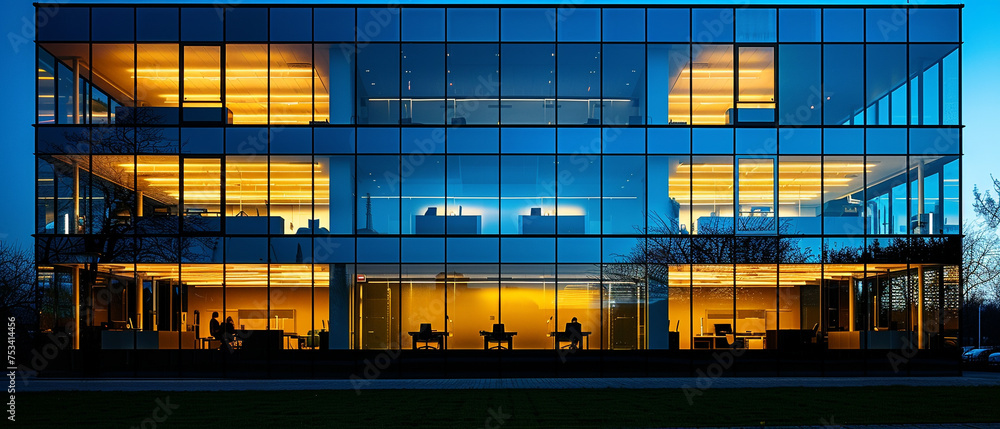 A modern architectural marvel a building designed with glass walls and open spaces complemented by minimalist desks and green spaces A modern architectural marvel a building designed with glass walls and open spaces complemented by minimalist desks and green spaces