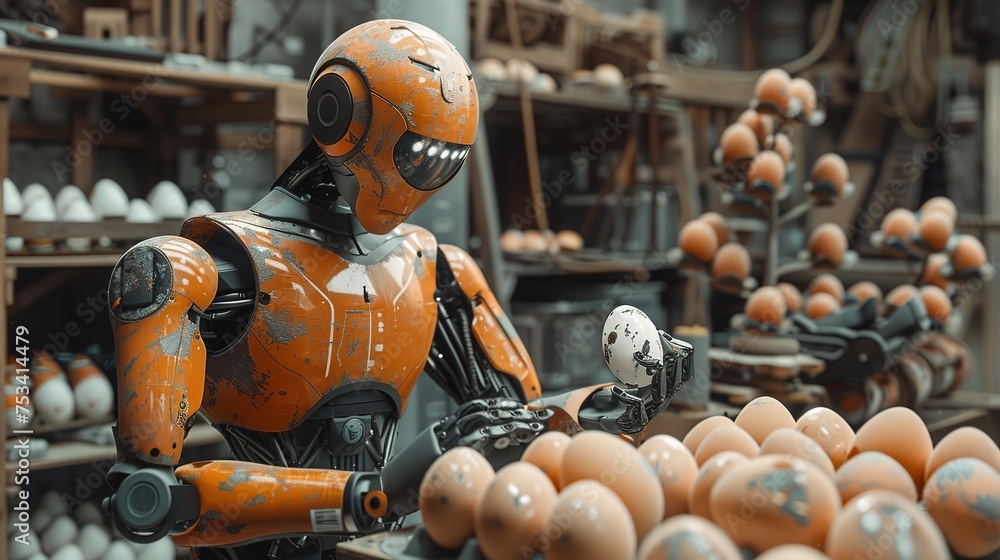 Easter egg painting by a robot with a humanoid head against a blurry backdrop and space for text or product, Generative AI.