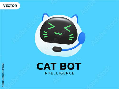 3D Vector Chat Bot Artificial Intelligence Technology with cat robot happy friendly smiling face logo vector design concept. Cat Robot Virtual Assistance 3d icon symbol for AI Technology, support, ui.